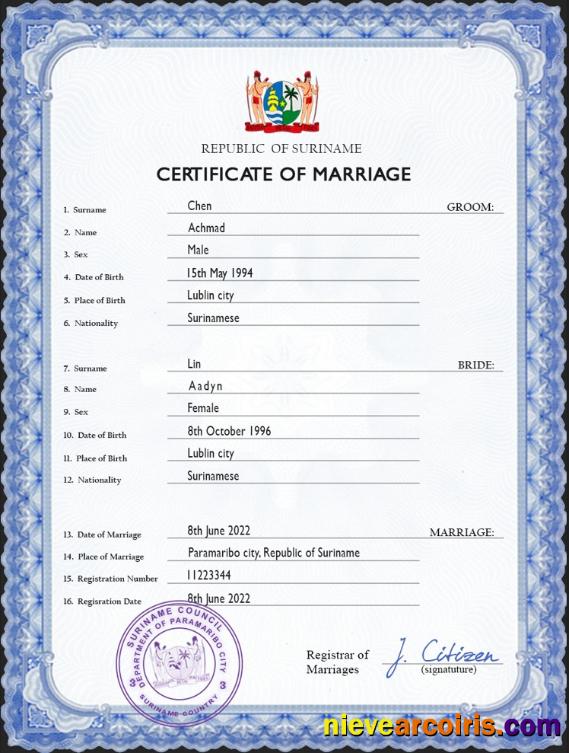 Suriname marriage certificate